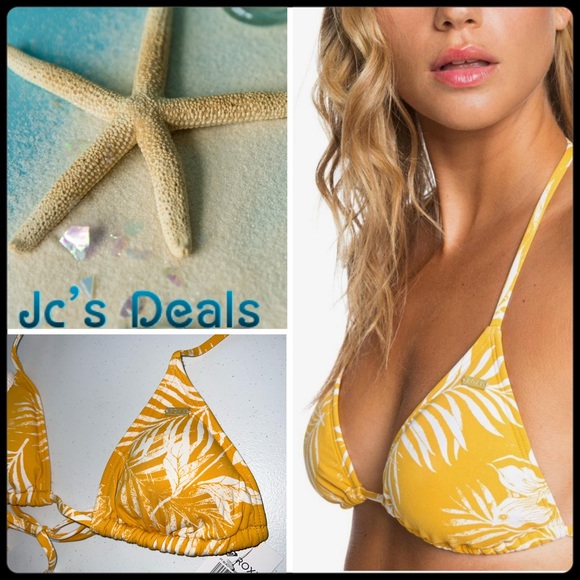 🔥 ROXY Womens Printed Beach Classics Tiki Triangle Bikini Top MINERAL YELLOW - Picture 1 of 8